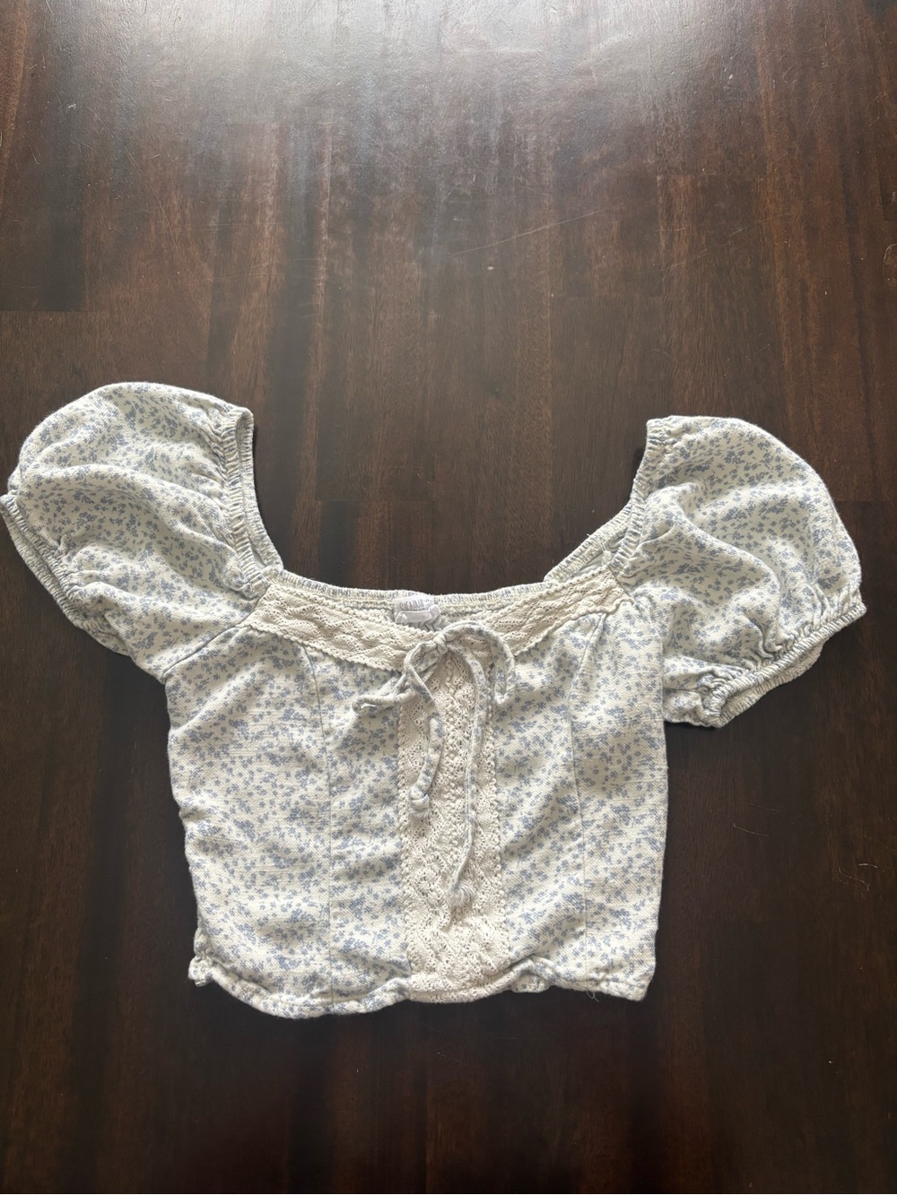 Sienna Sky Small Blue Floral Puff Sleeve Lace Crop Top Cottagecore